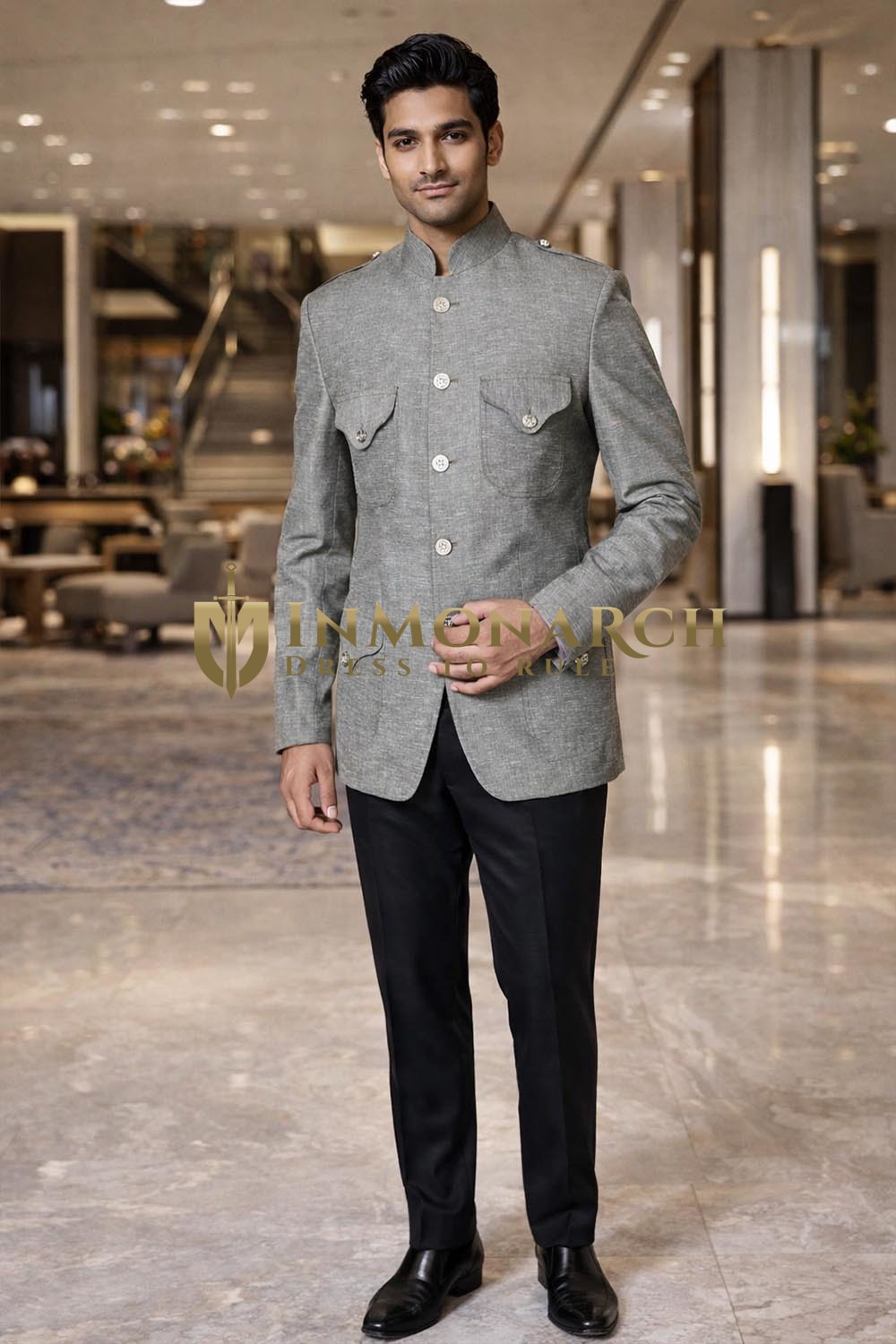 Mens Gray Pure Linen Nehru Jacket Classic Fit with 4 Flap Pockets