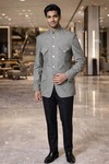 Mens Gray Pure Linen Nehru Jacket Classic Fit with 4 Flap Pockets