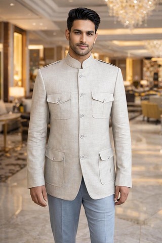 Mens Natural Linen Safari Nehru Jacket with Shoulder Epaulettes