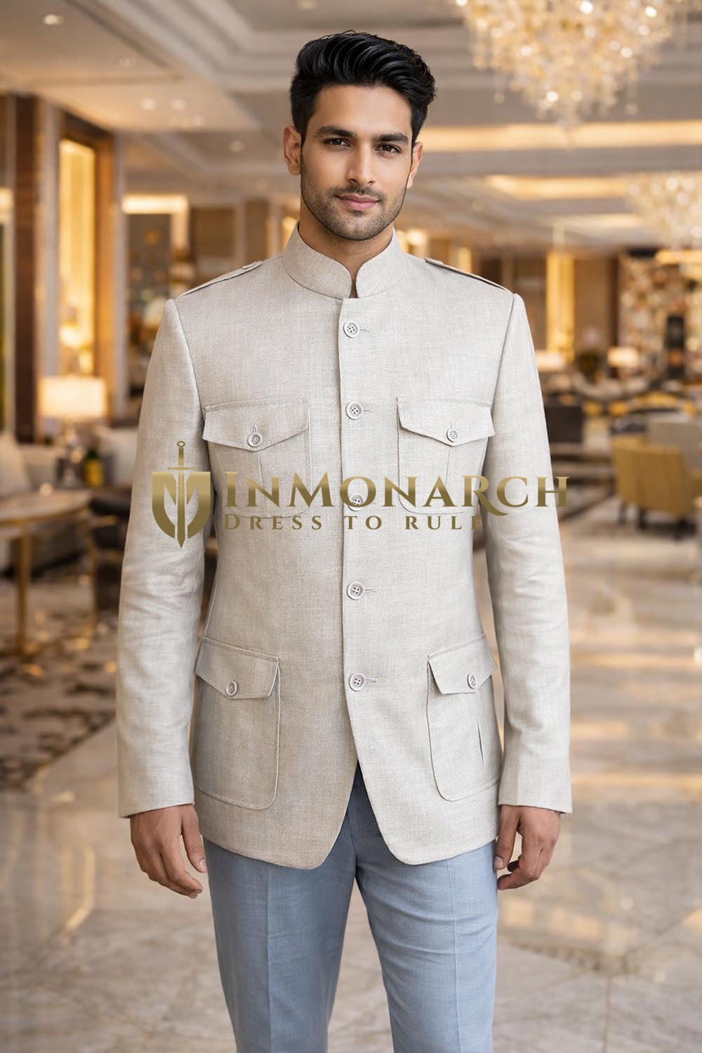 Nehru Jacke Safari Natur Leinen