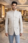 Veste Nehru safari lin naturel avec épaulettes