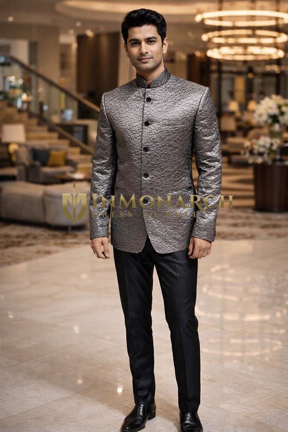 Mens Grey Designer Shining Polyester Nehru Jacket for Weddings & Events