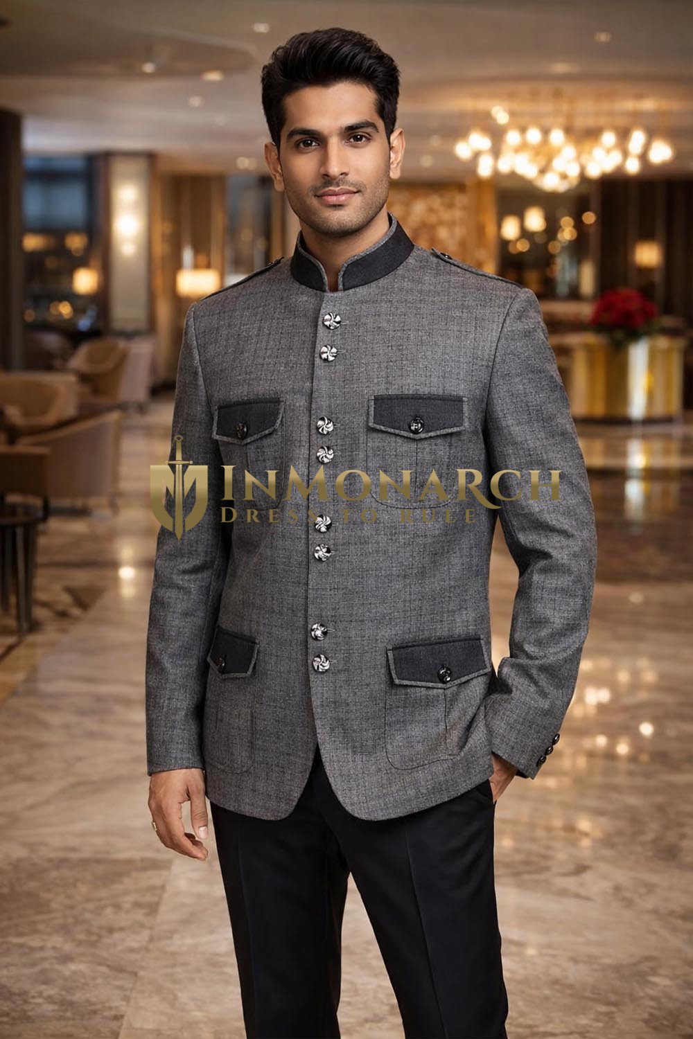 Mens Grey Partywear Safari Blazer with 4 Pockets in Pure Polyester