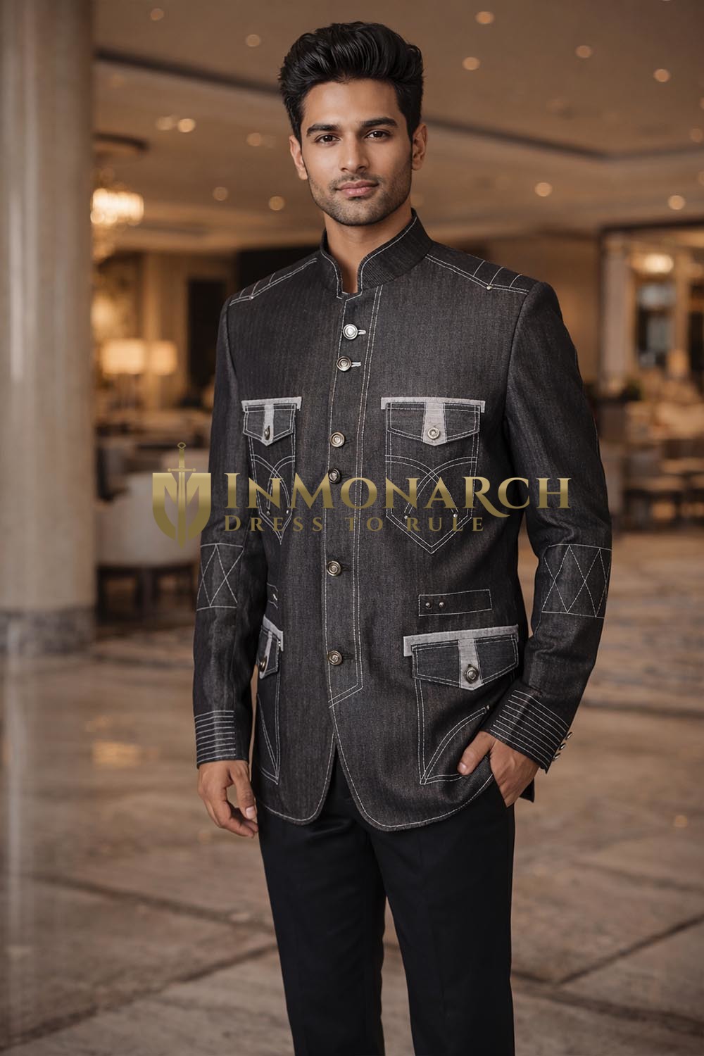 Mens Grey Linen Mandarin Blazer with 4 Flap Pockets – Trendy Partywear Style
