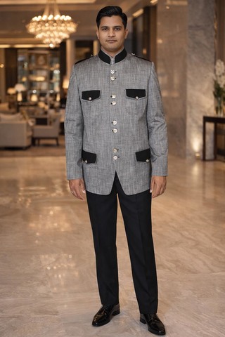Veste safari gris lin col mandarin
