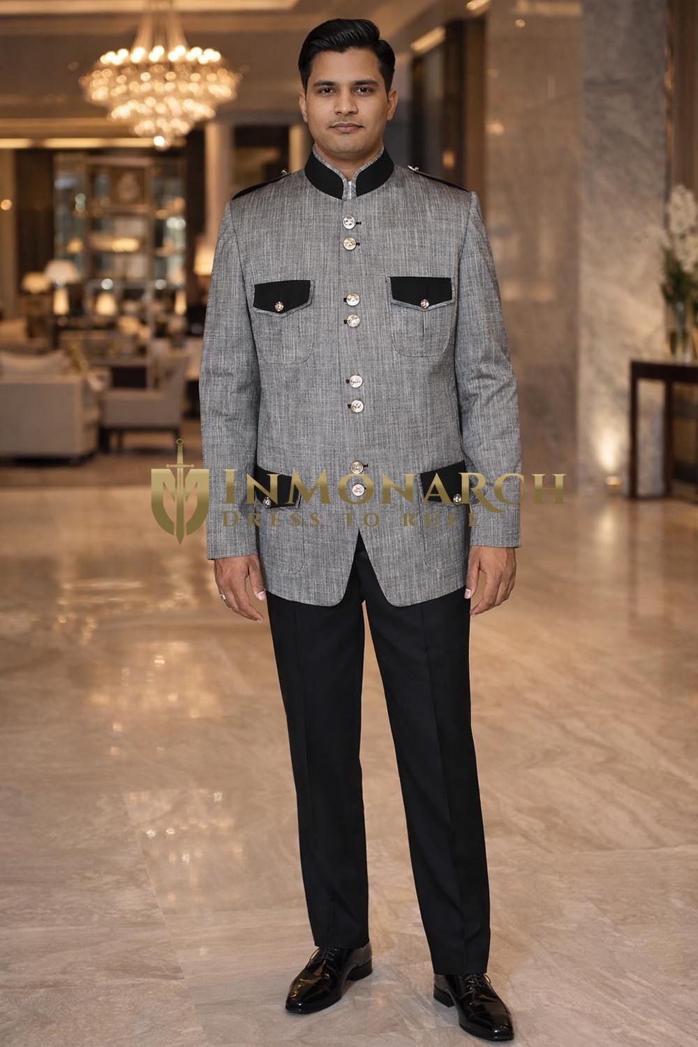 Chaqueta safari gris lino con cuello mandarín