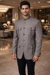 Mens Almond Linen Safari Jacket 4 Pocket Nehru Collar Casual Summer Shirt