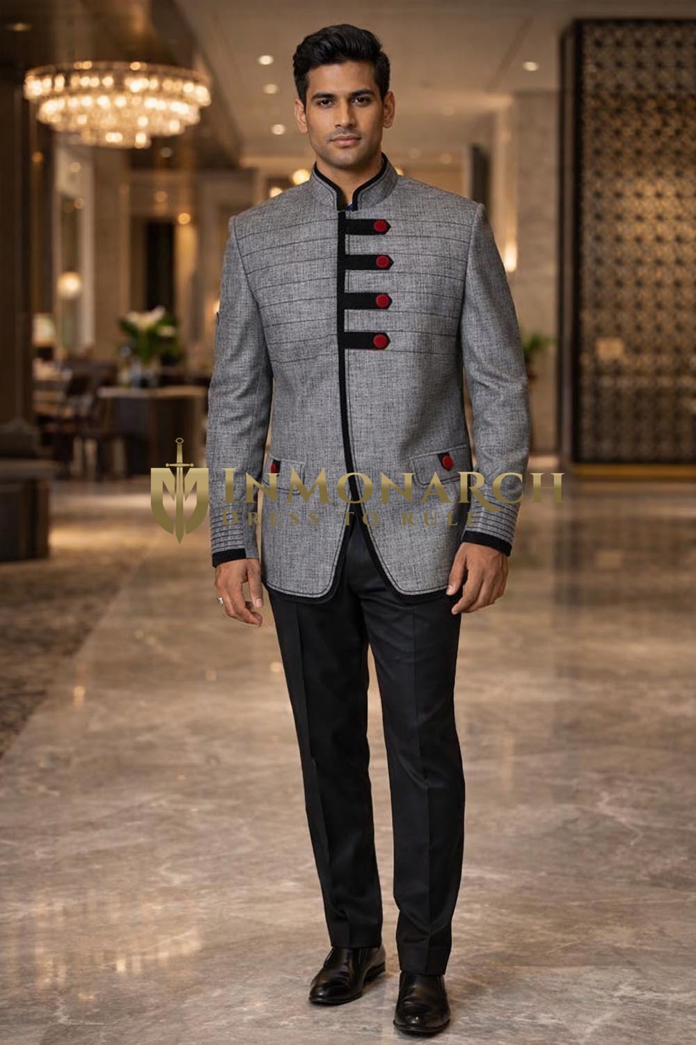 Chaqueta personalizada gris lino con terciopelo