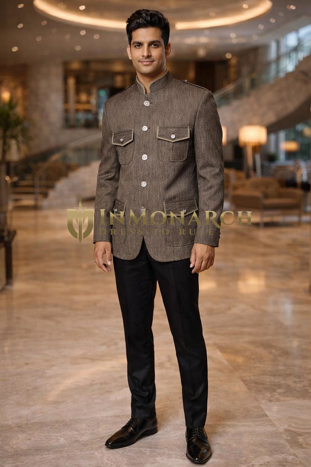 Mens Dim Gray Linen Safari Jacket 4 Pocket Nehru Collar Casual Shirt