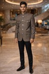 Mens Dim Gray Linen Safari Jacket 4 Pocket Nehru Collar Casual Shirt