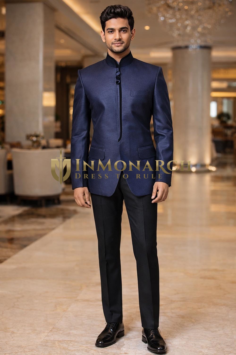 Mens Navy Blue 2 Piece Suit Nehru Collar Formal Wedding Outfit