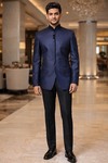 Mens Navy Blue 2 Piece Suit Nehru Collar Formal Wedding Outfit