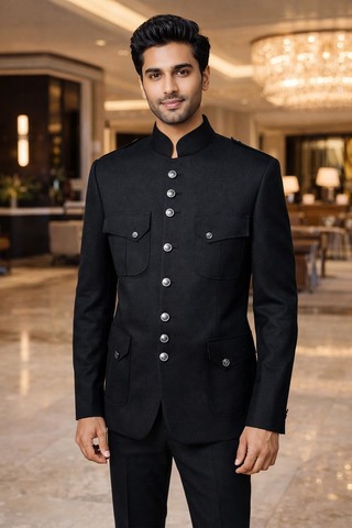 Veste Nehru safari noire épaule laine