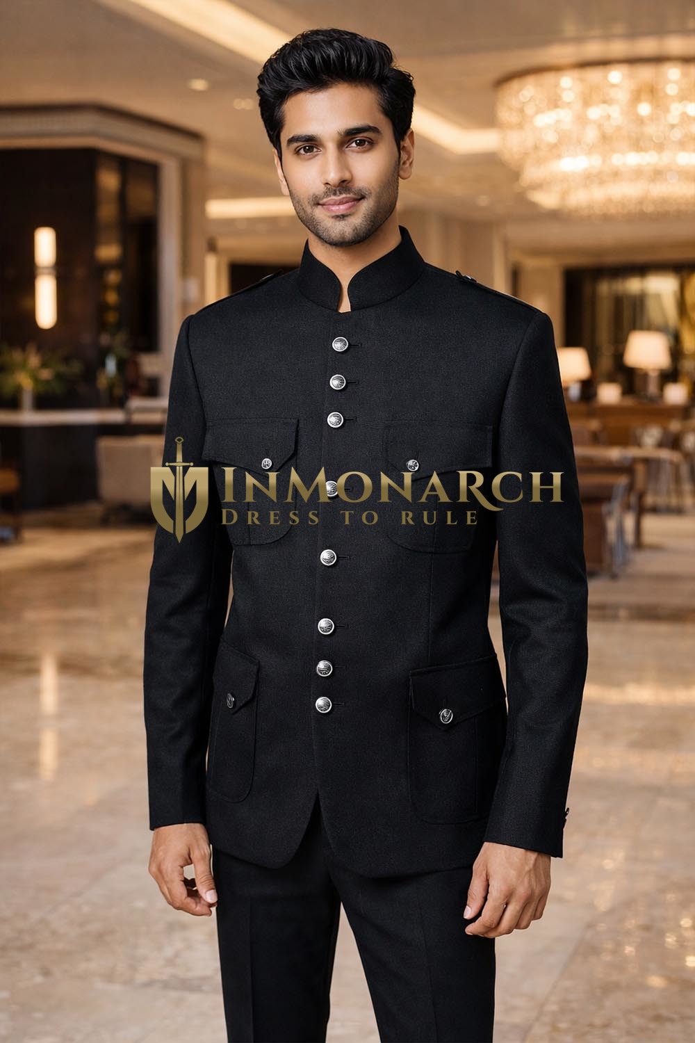 Veste Nehru safari noire épaule laine