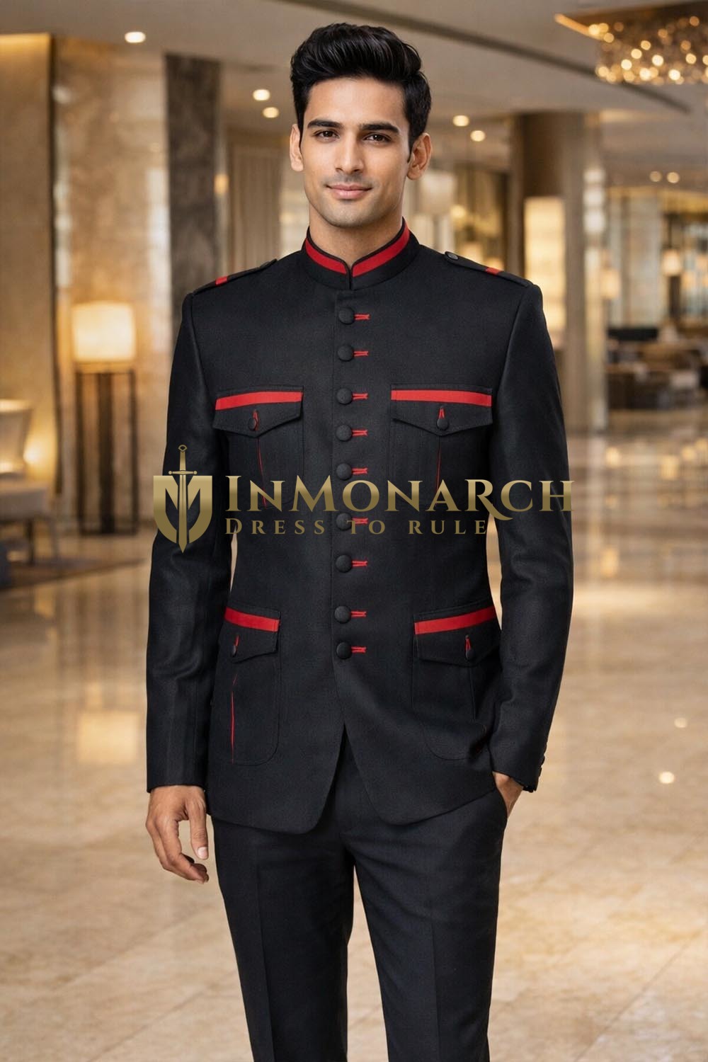 Veste Nehru safari lin noire rouge