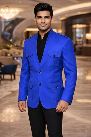 Mens Royal Blue Safari Blazer 4 Pocket High Neck Formal Jacket Coat