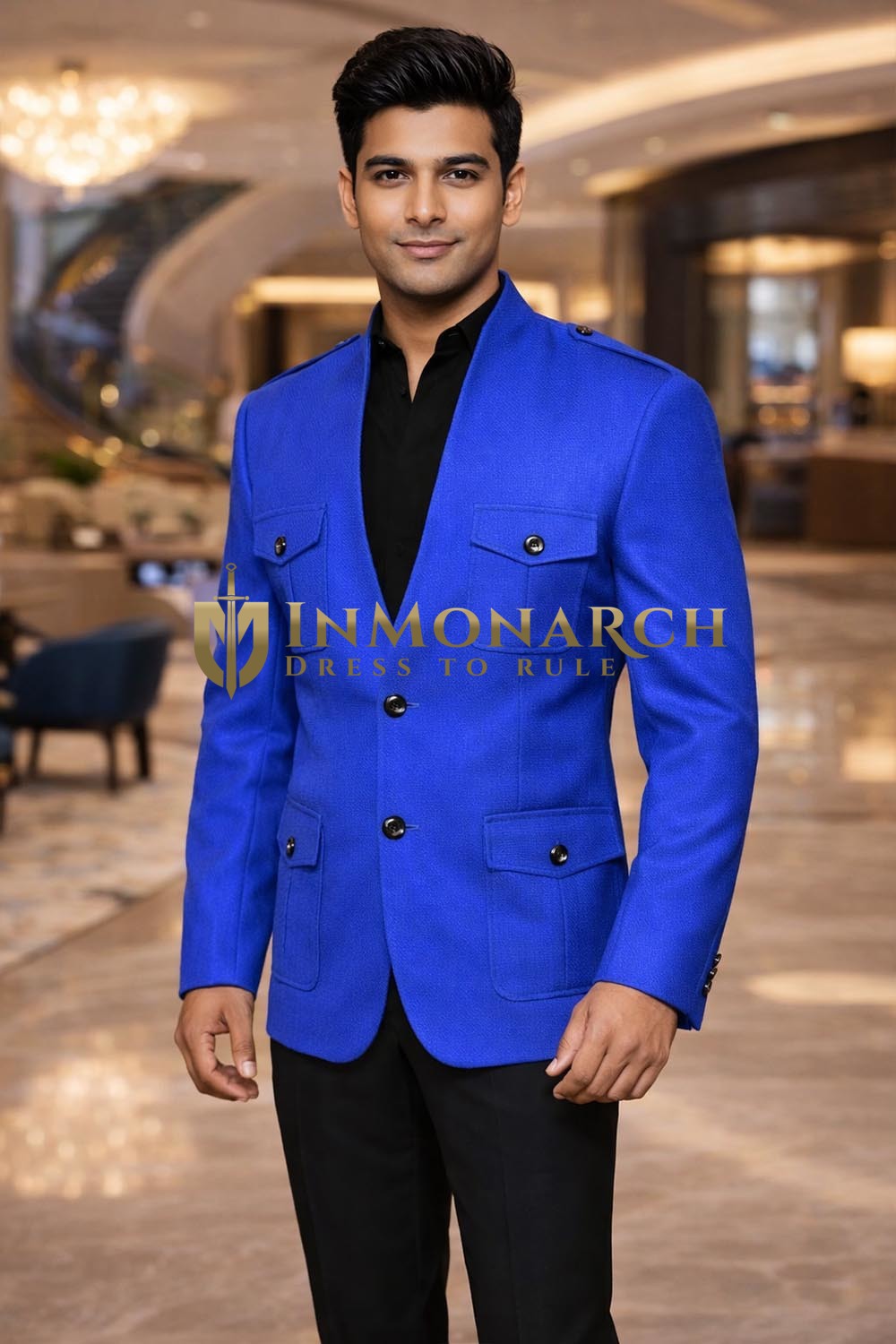 Mens Royal Blue Safari Blazer 4 Pocket High Neck Formal Jacket Coat