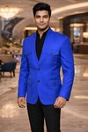 Mens Royal Blue Safari Blazer 4 Pocket High Neck Formal Jacket Coat