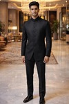 Mens Black 2 Piece Suit Nehru Collar Poly Wool Formal Wedding Outfit