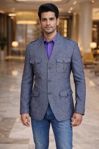 Mens Dark Gray Linen Safari Jacket 4 Pocket Nehru Collar Casual Coat