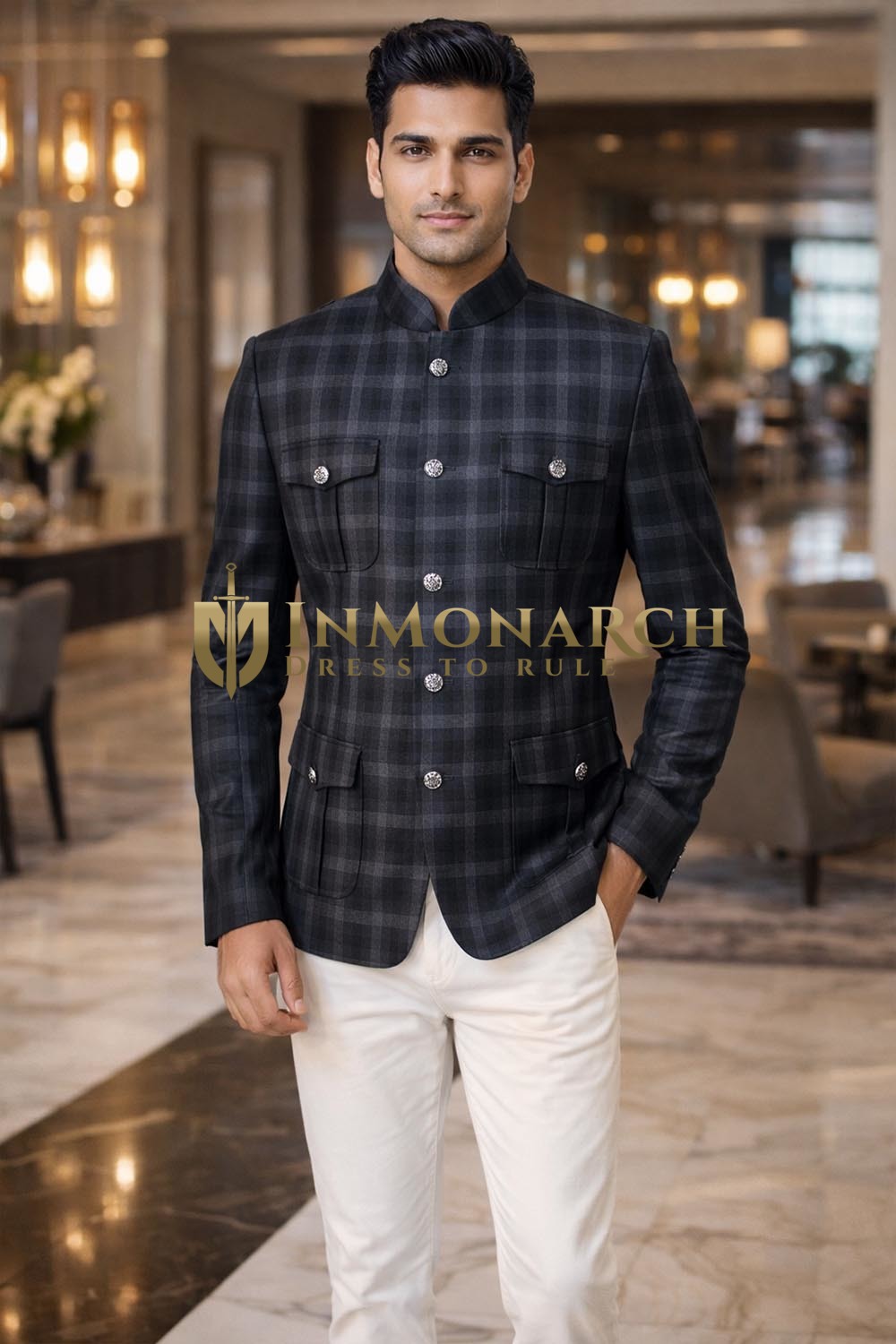 Chaqueta Nehru azul marino hombre