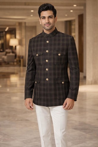 Mens Brown Check Safari Jacket 4 Pocket Nehru Collar Dress Coat