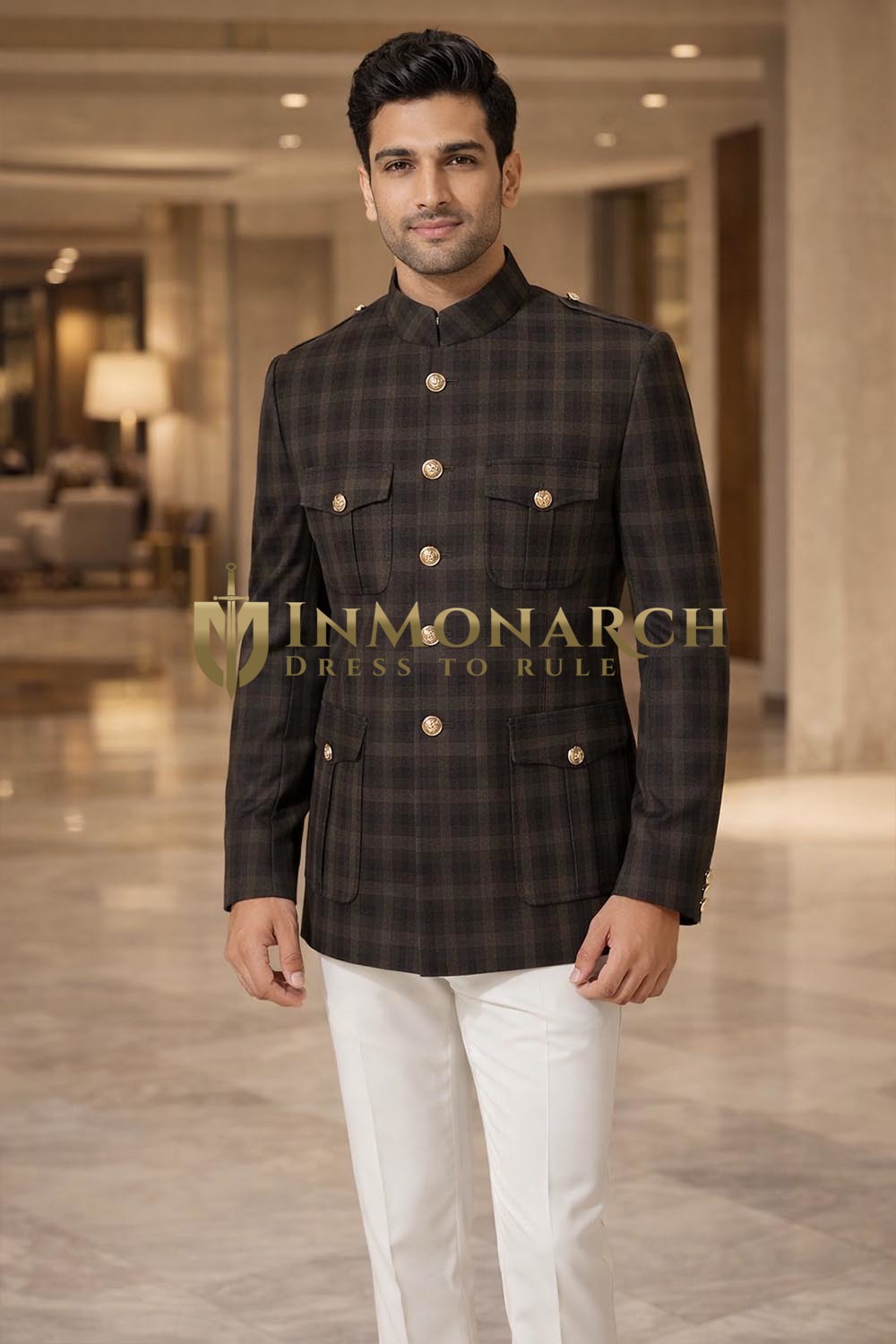 Mens Brown Check Safari Jacket 4 Pocket Nehru Collar Dress Coat