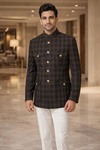 Mens Brown Check Safari Jacket 4 Pocket Nehru Collar Dress Coat
