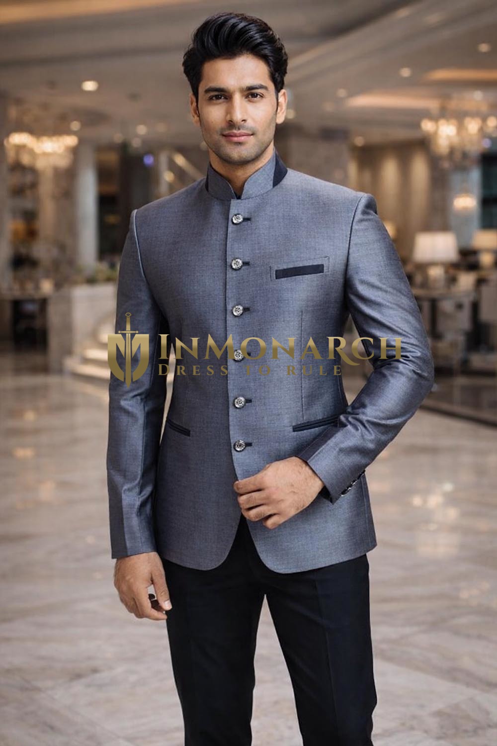 Chaqueta Nehru azul acero hombre