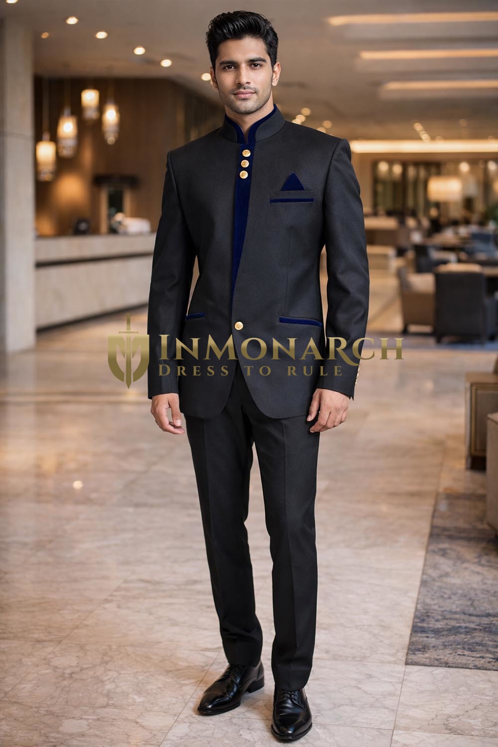 Chaqueta Nehru negra azul hombre