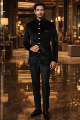 Mens Black Velvet Nehru Collar Jacket 6 Button Wedding Dress Coat