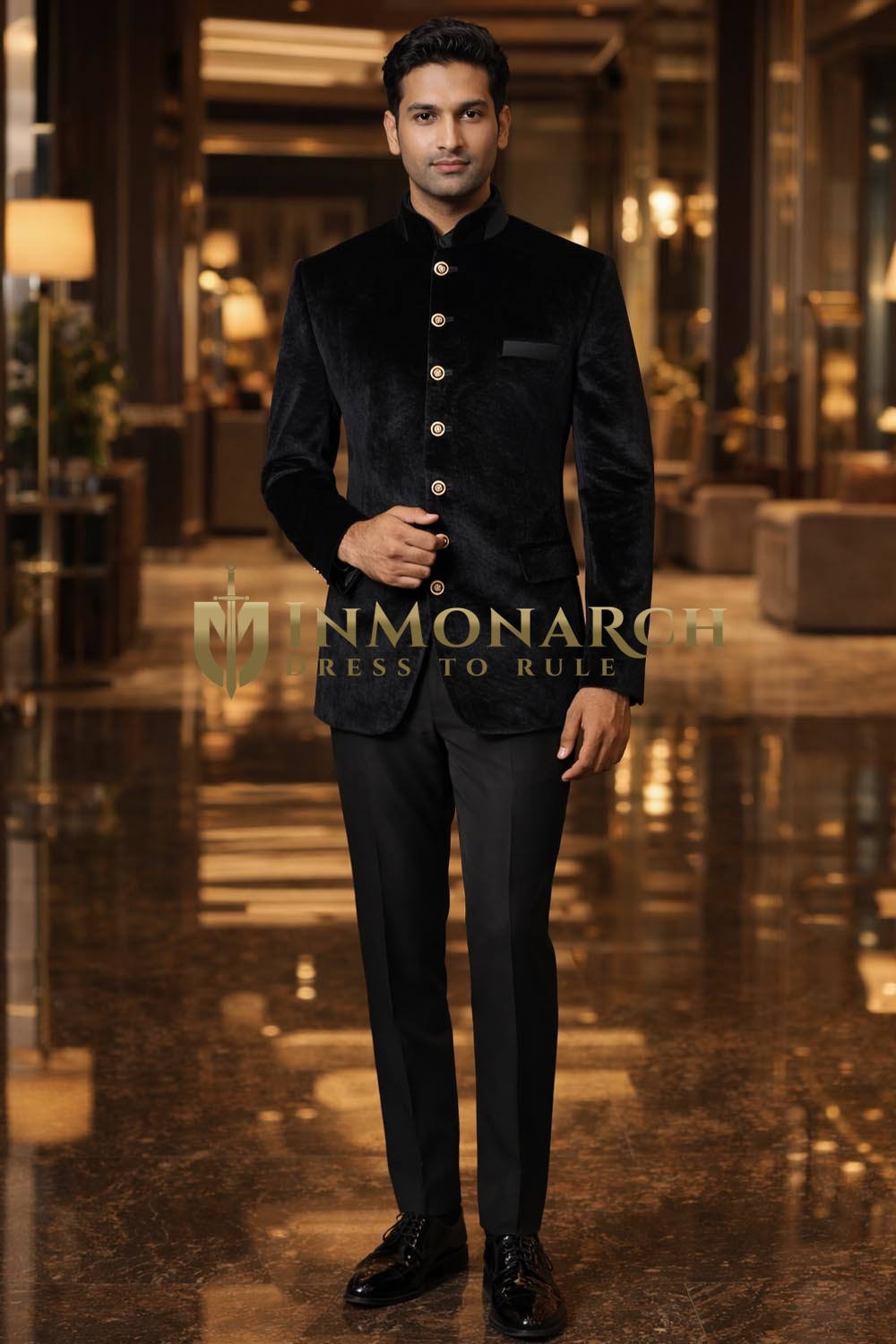 Mens Black Velvet Nehru Collar Jacket 6 Button Wedding Dress Coat