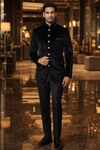 Mens Black Velvet Nehru Collar Jacket 6 Button Wedding Dress Coat