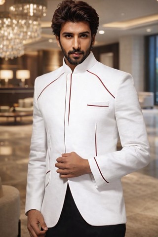Nehru-Jacke Creme mit roter Einfassung