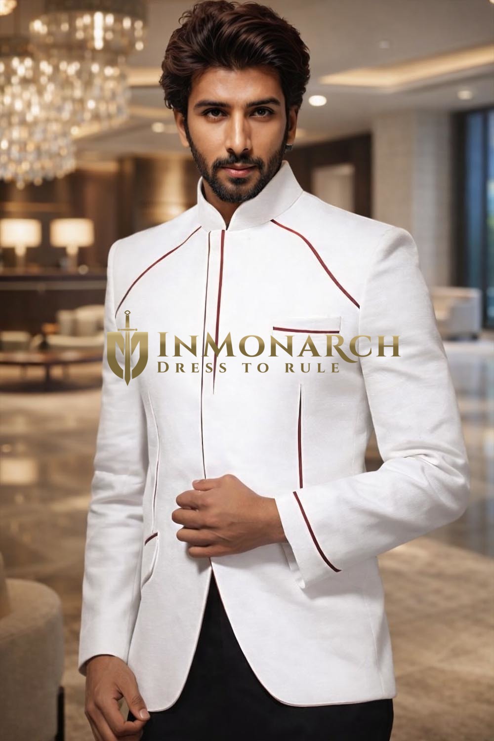 Nehru-Jacke Creme mit roter Einfassung