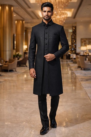 Mens Black 3 Piece Sherwani for Groom Wedding Embroidered Outfit