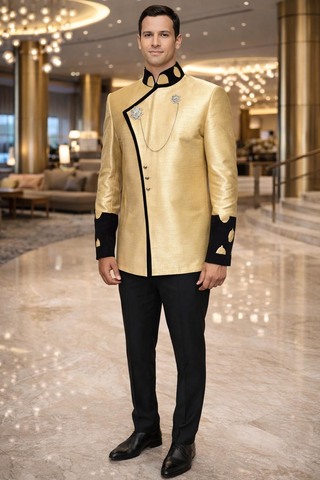 Mens Yellow Dupion Silk Angrakha Style Nehru Jacket with Velvet Trim