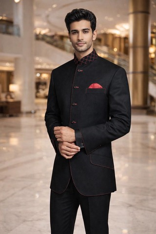 Mens Black Nehru Jacket with Red Thread Detail & Matching Trousers