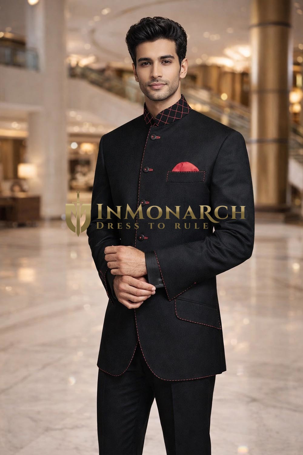 Mens Black Nehru Jacket with Red Thread Detail & Matching Trousers