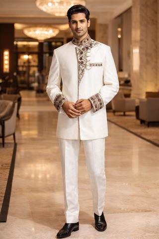Mens Cream Embroidered Nehru Collar Jacket Wedding Suit Set