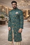 Mens Teal Indo Western Sherwani Set with Gold Pant Reception Outfit