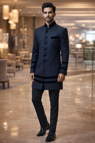 Mens Navy Indo Western Suit with Velvet Patch & Black Trouser