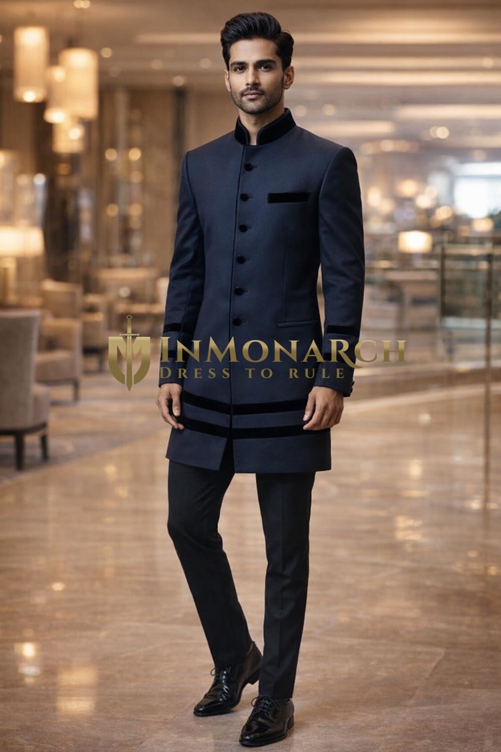 Mens Navy Indo Western Suit with Velvet Patch & Black Trouser