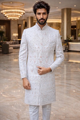 Mens Cream Heavy Embroidered Groom Sherwani with White Silk Trouser