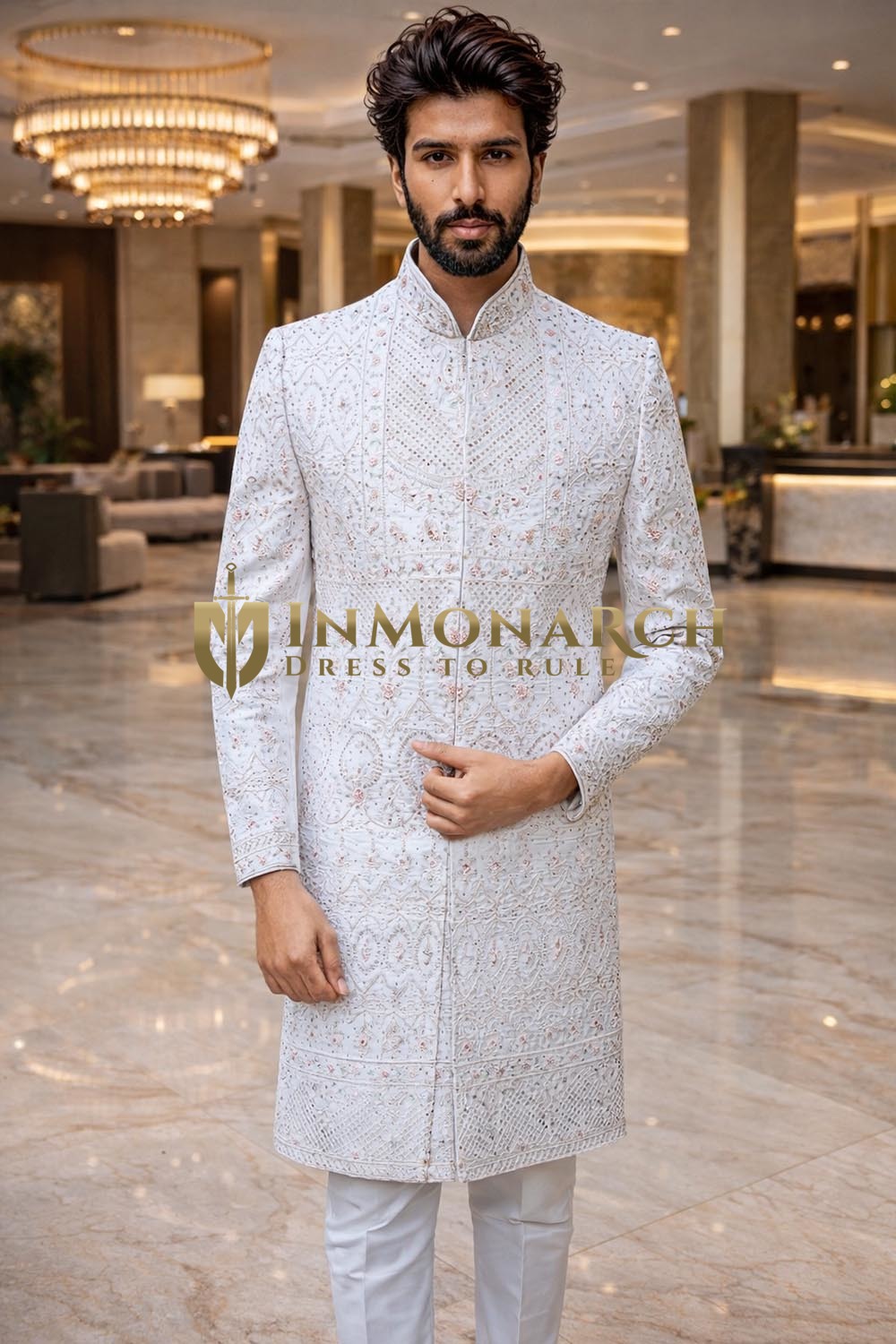 Mens Cream Heavy Embroidered Groom Sherwani with White Silk Trouser