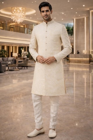 Mens Cream Thread Embroidered Indo Western Groom Sherwani Set