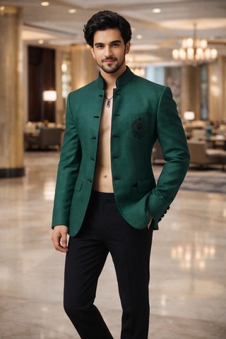 Mens Dark Green Embroidered Party Wear Suit with Black Trouser
