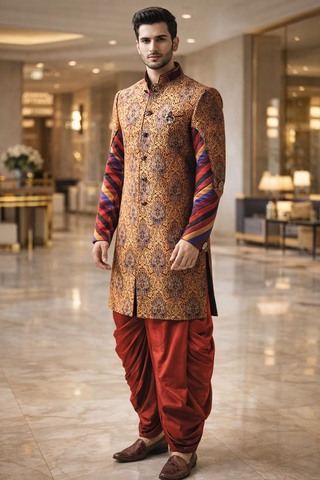 Sherwani dorado de compromiso hombre