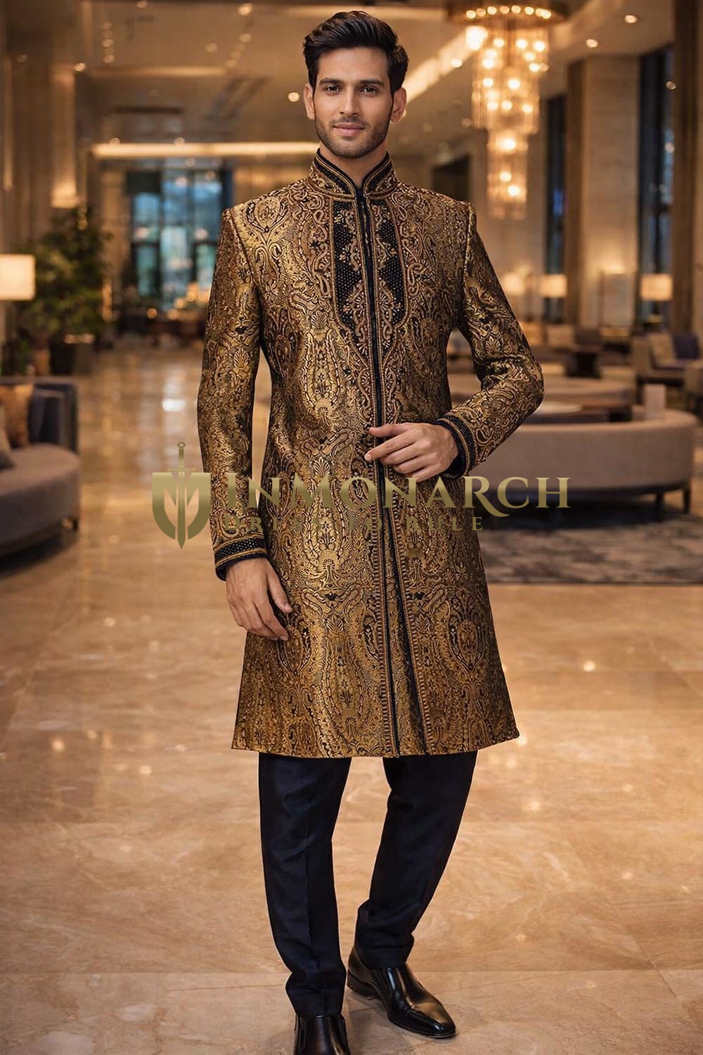 Mens Beige Brocade Indo Western with Blue Velvet Piping & Dupion Salwar