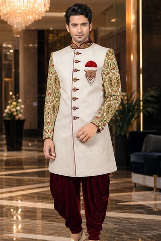 Mens Cream Jute Indo Western with Kheenkhap Sleeves & Maroon Velvet Salwar
